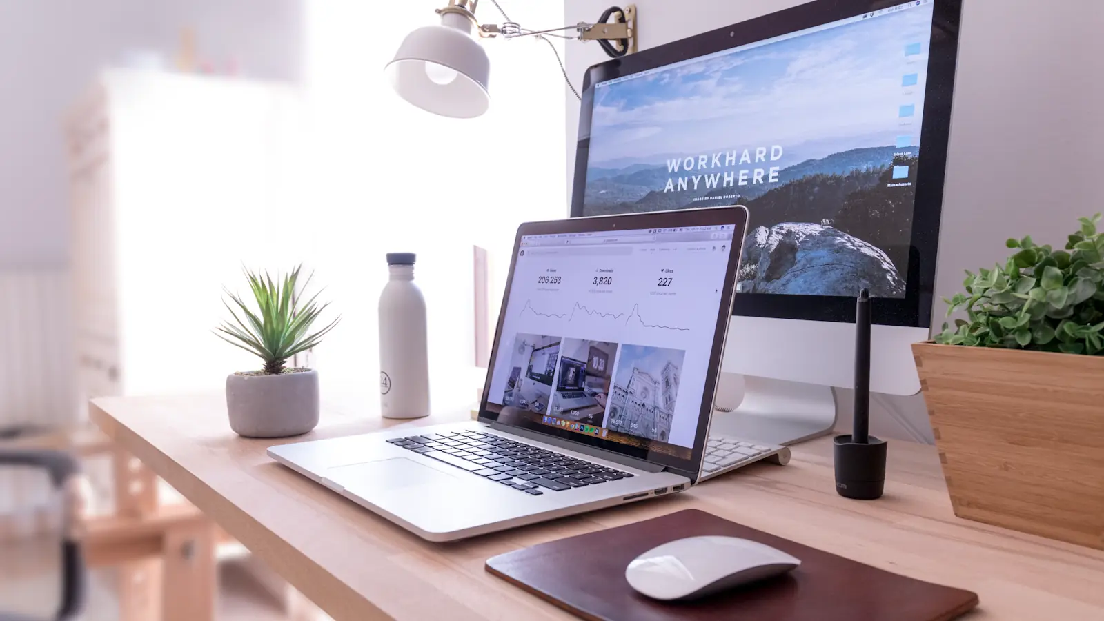 Tidy desk with laptop, monitor and plants